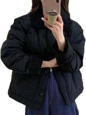 Dawery Patchwork Cropped Jacket Autumn Winter Women Cotton-padded Jacket Lightweight Coat Pocket Long Sleeve Warm Coats