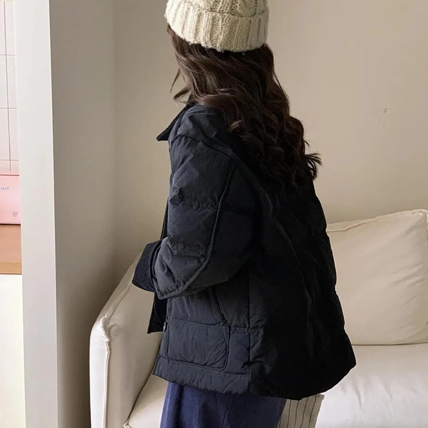 Dawery Patchwork Cropped Jacket Autumn Winter Women Cotton-padded Jacket Lightweight Coat Pocket Long Sleeve Warm Coats