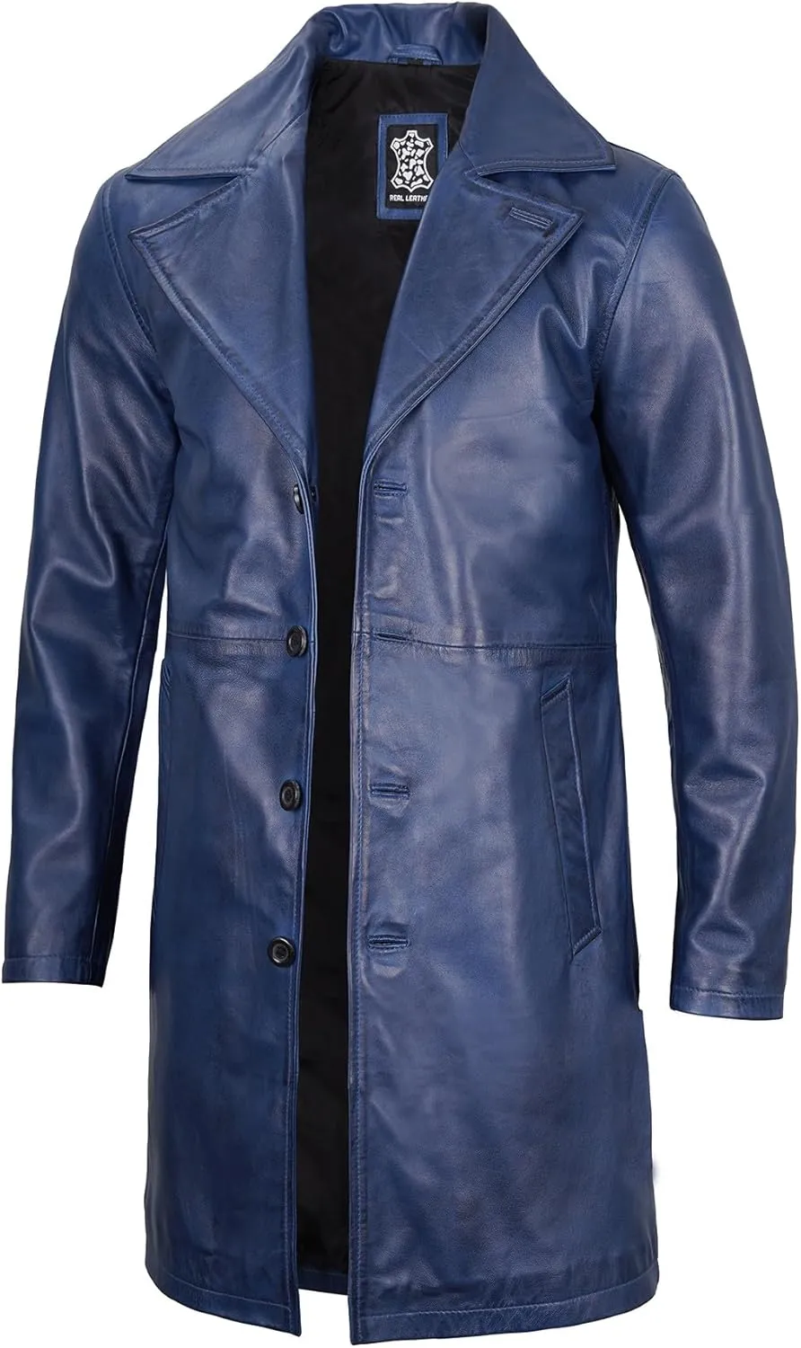 Decrum Leather Coat Men - Car Coat Style Fashion Long Leather Jacket Men