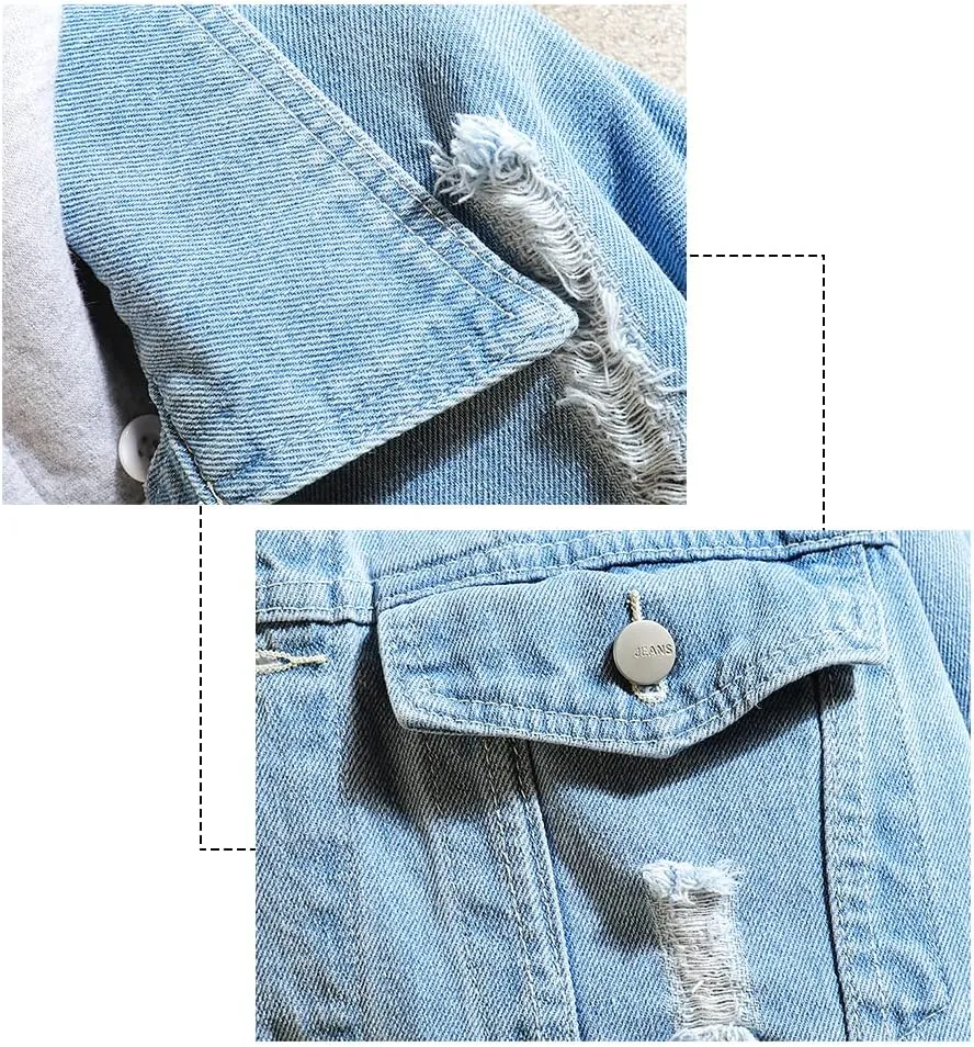 DOSLAVIDA Men's Distressed Denim Jacket Unisex Button Down Jean Coat Casual Long Sleeve Trucker Hooded Jackets Outwear