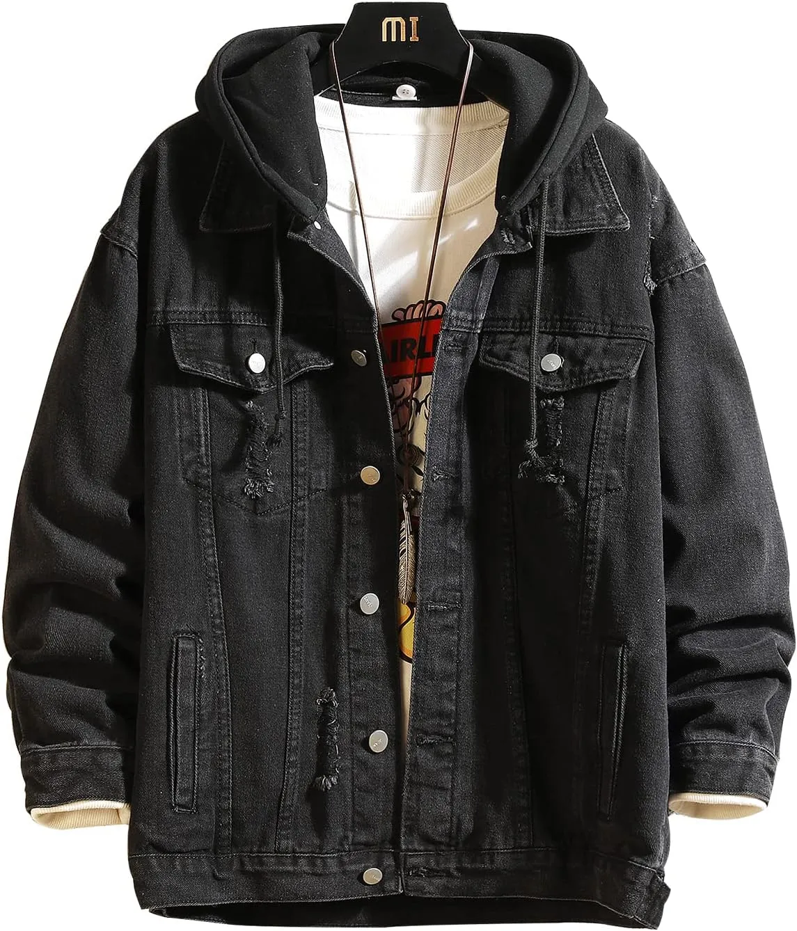 DOSLAVIDA Men's Distressed Denim Jacket Unisex Button Down Jean Coat Casual Long Sleeve Trucker Hooded Jackets Outwear
