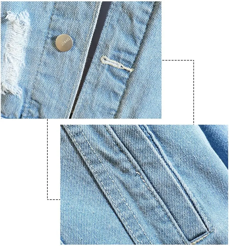 DOSLAVIDA Men's Distressed Denim Jacket Unisex Button Down Jean Coat Casual Long Sleeve Trucker Hooded Jackets Outwear