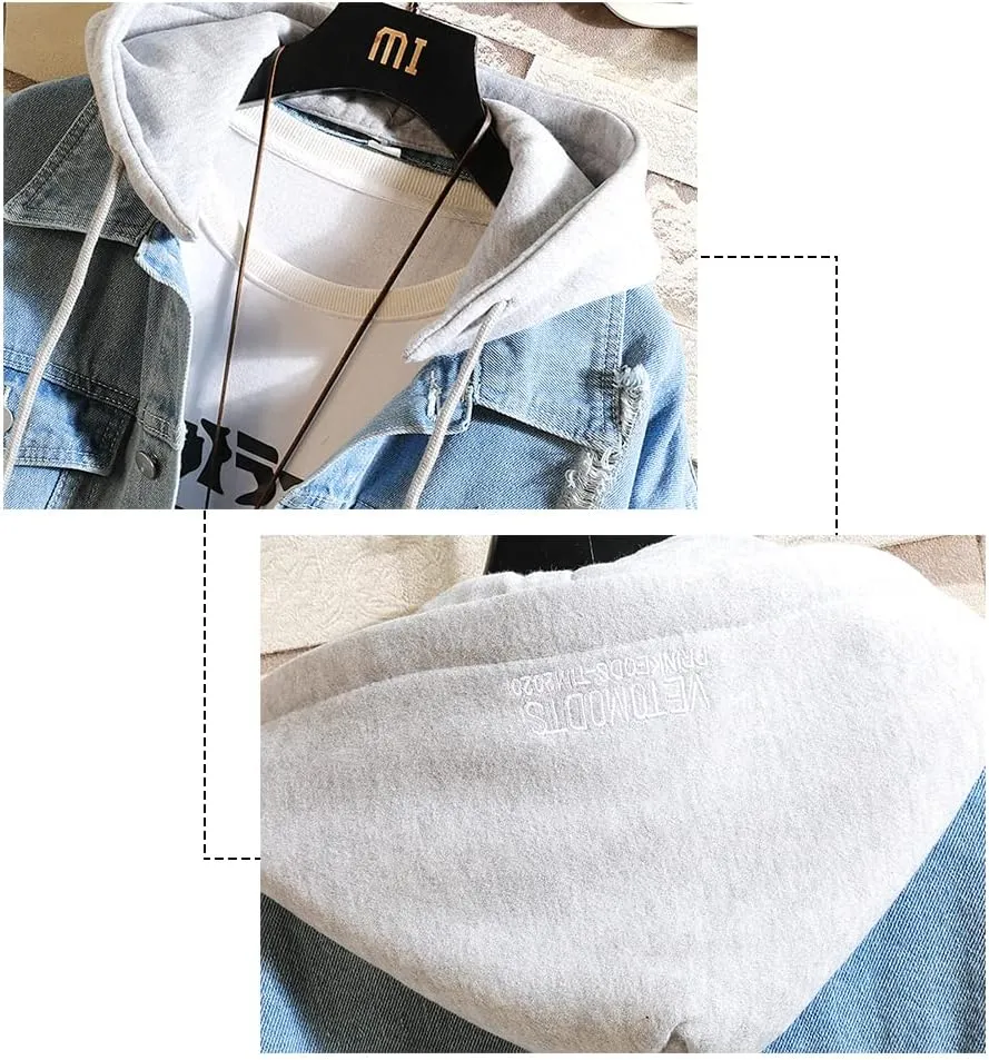 DOSLAVIDA Men's Distressed Denim Jacket Unisex Button Down Jean Coat Casual Long Sleeve Trucker Hooded Jackets Outwear