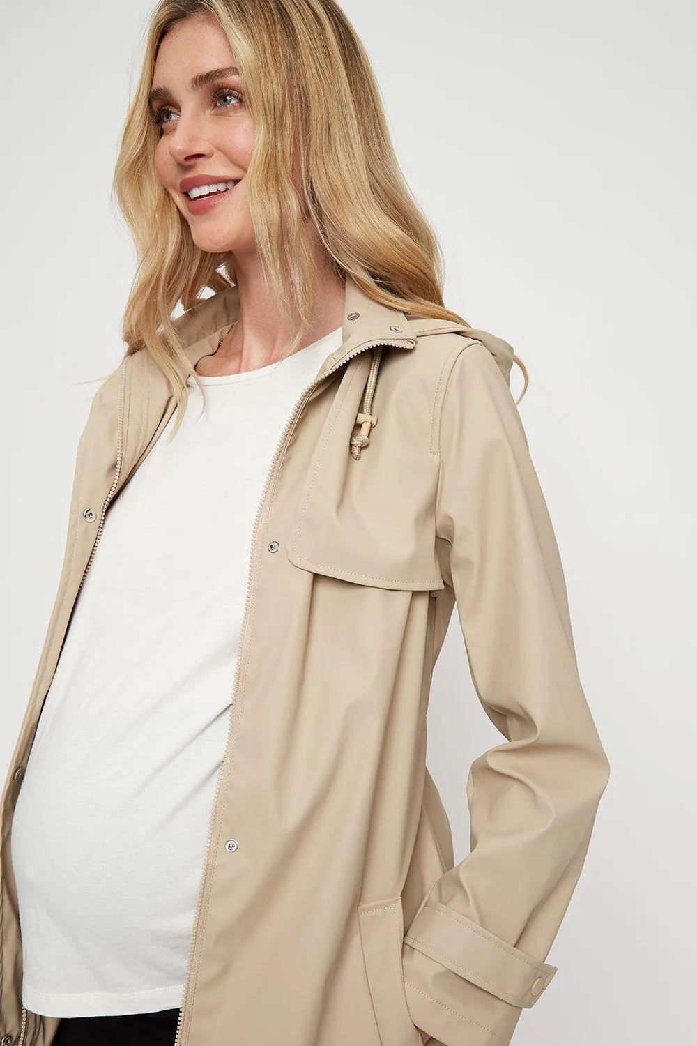 DP Maternity Beige Hooded Raincoat Mac Belted Jacket - Size Maternity UK 16