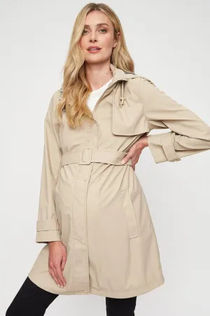 DP Maternity Beige Hooded Raincoat Mac Belted Jacket - Size Maternity UK 16