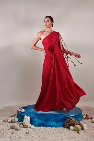 Draped scarlet gown with 3d hand embroidered flower detail on front