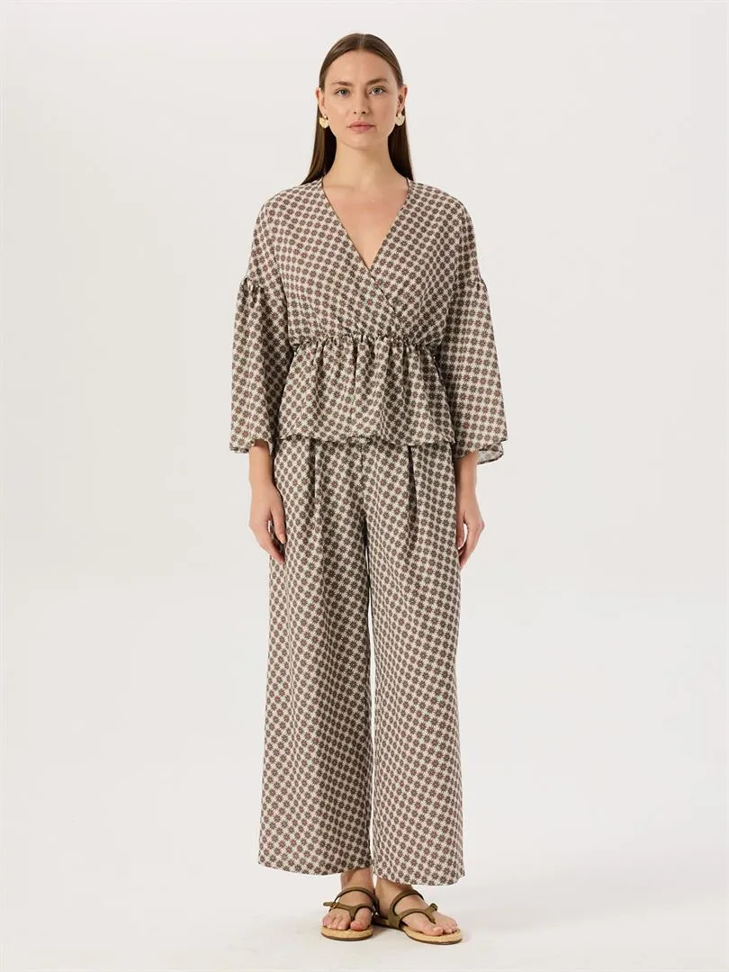 Elastic Waist Front Pleated Draped Trousers - Patterned