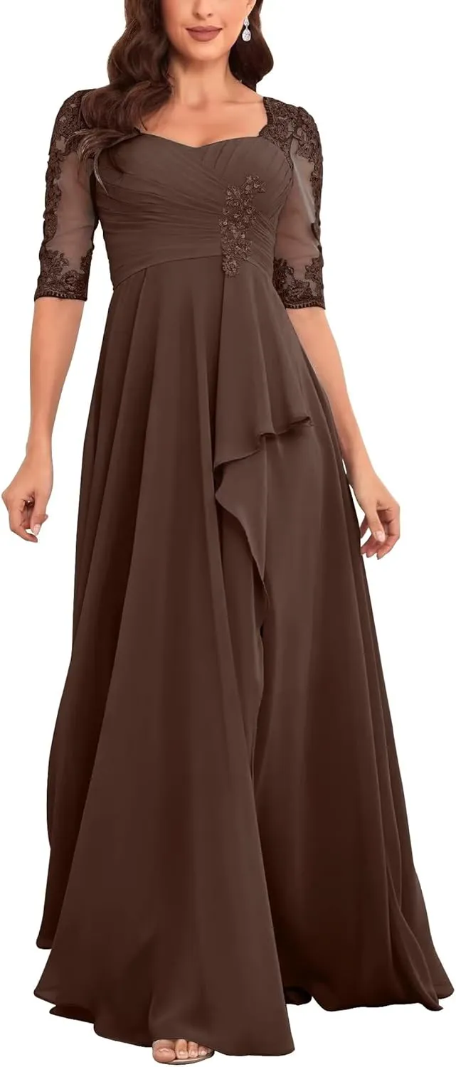 Elegant Floor Length Mother of The Bride Dresses for Wedding Chiffon Half Sleeve Lace Applique Formal Evening Dress
