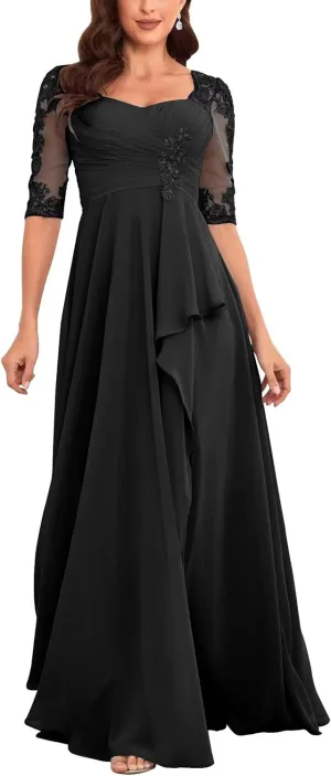 Elegant Floor Length Mother of The Bride Dresses for Wedding Chiffon Half Sleeve Lace Applique Formal Evening Dress