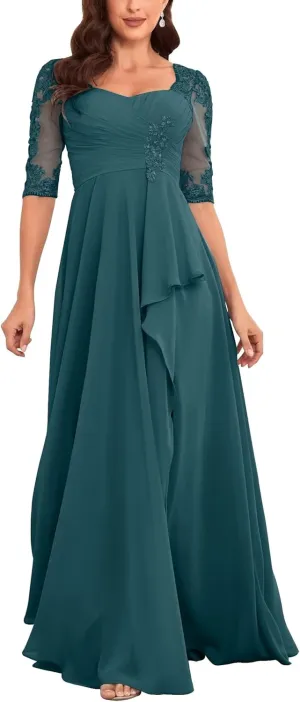 Elegant Floor Length Mother of The Bride Dresses for Wedding Chiffon Half Sleeve Lace Applique Formal Evening Dress
