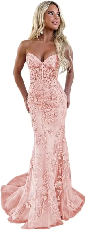 Elegant Lace Prom Dresses Long Strapless Corset Formal Evening Dress for Women Ball Gown Party RO119