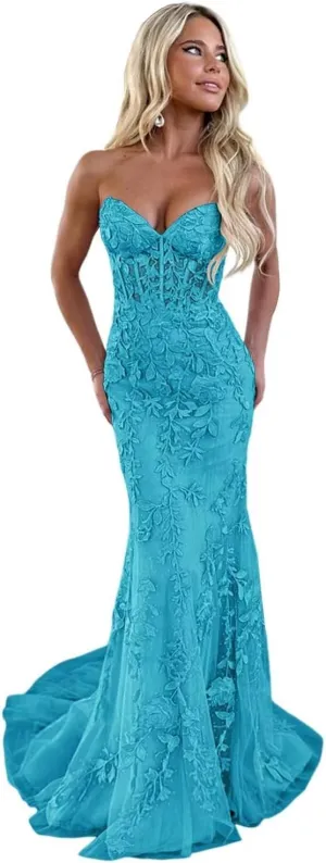 Elegant Lace Prom Dresses Long Strapless Corset Formal Evening Dress for Women Ball Gown Party RO119