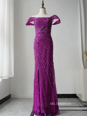 Elegant Sheath/Column Long Prom Dress Tulle Beaded Long Evening Dress Formal Gown FUE014