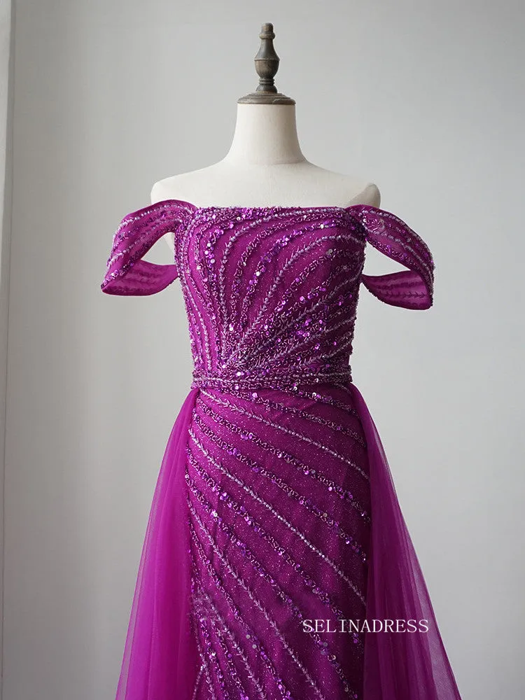 Elegant Sheath/Column Long Prom Dress Tulle Beaded Long Evening Dress Formal Gown FUE014
