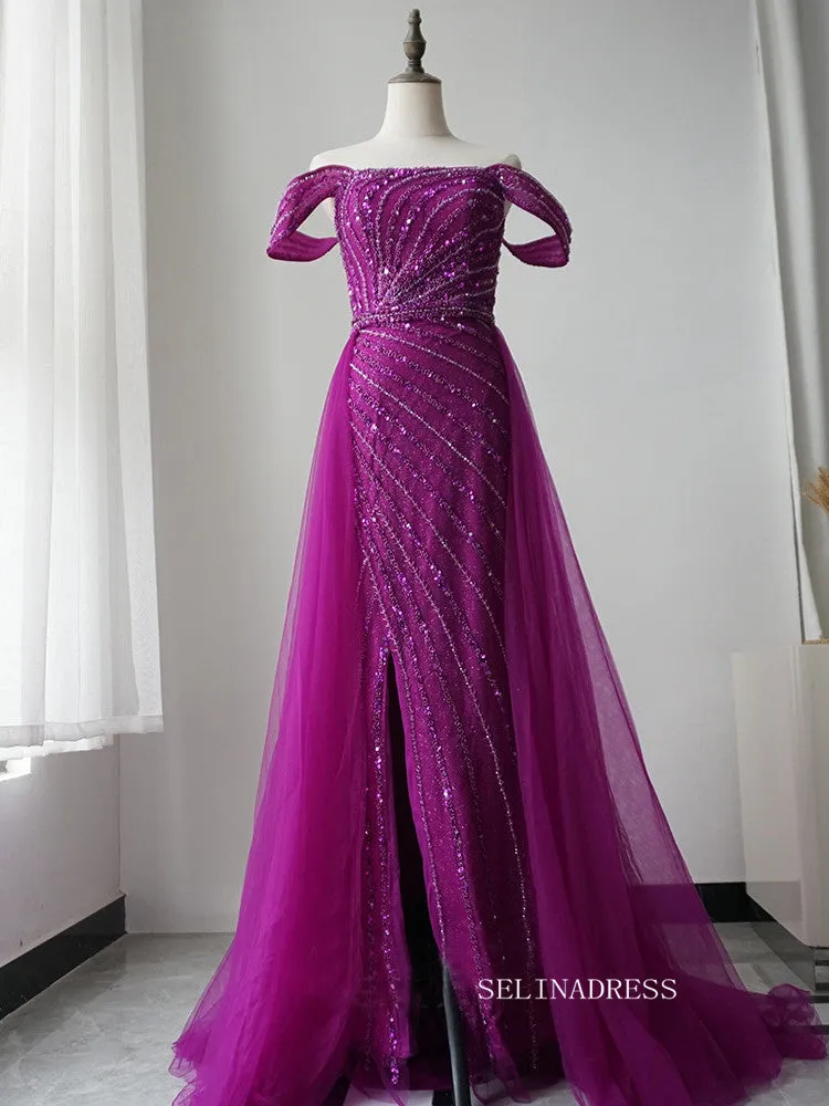 Elegant Sheath/Column Long Prom Dress Tulle Beaded Long Evening Dress Formal Gown FUE014