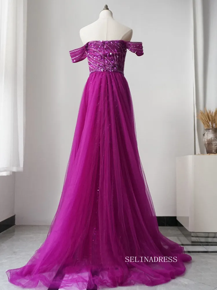 Elegant Sheath/Column Long Prom Dress Tulle Beaded Long Evening Dress Formal Gown FUE014
