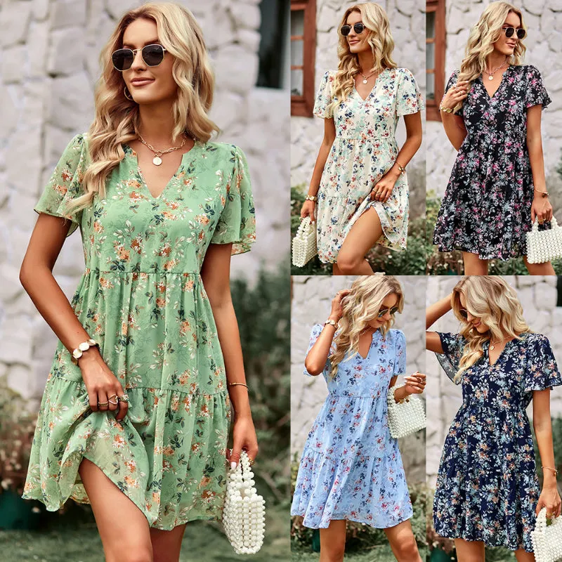Elegant V-neck Printed Countryside Dress