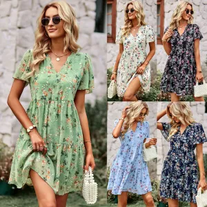 Elegant V-neck Printed Countryside Dress