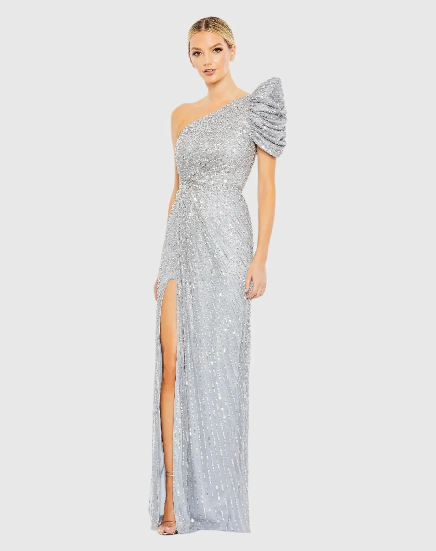 Embellished puff one shoulder gown - Silver