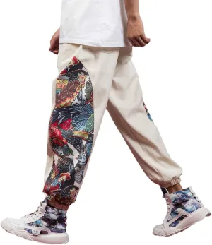 Ethnic Style Patchwork Casual Harem Pants,Chinese Style Oversized Print Joggers,Relaxed Trousers