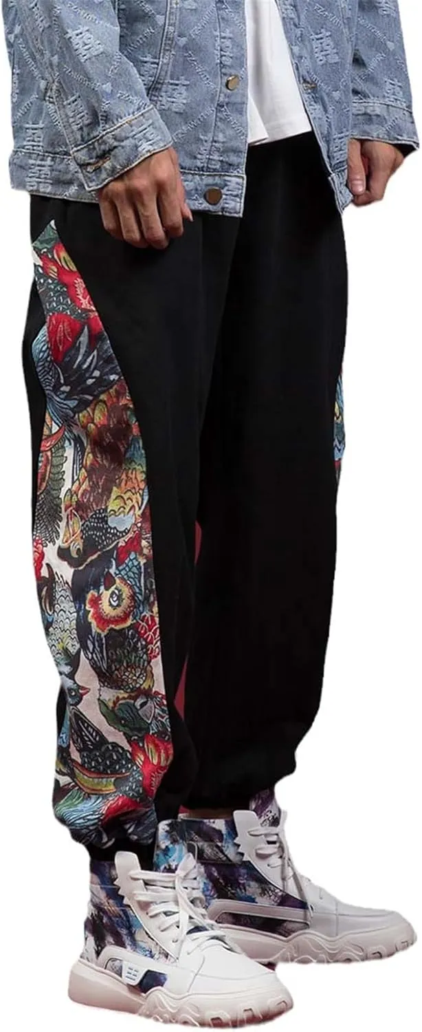 Ethnic Style Patchwork Casual Harem Pants,Chinese Style Oversized Print Joggers,Relaxed Trousers