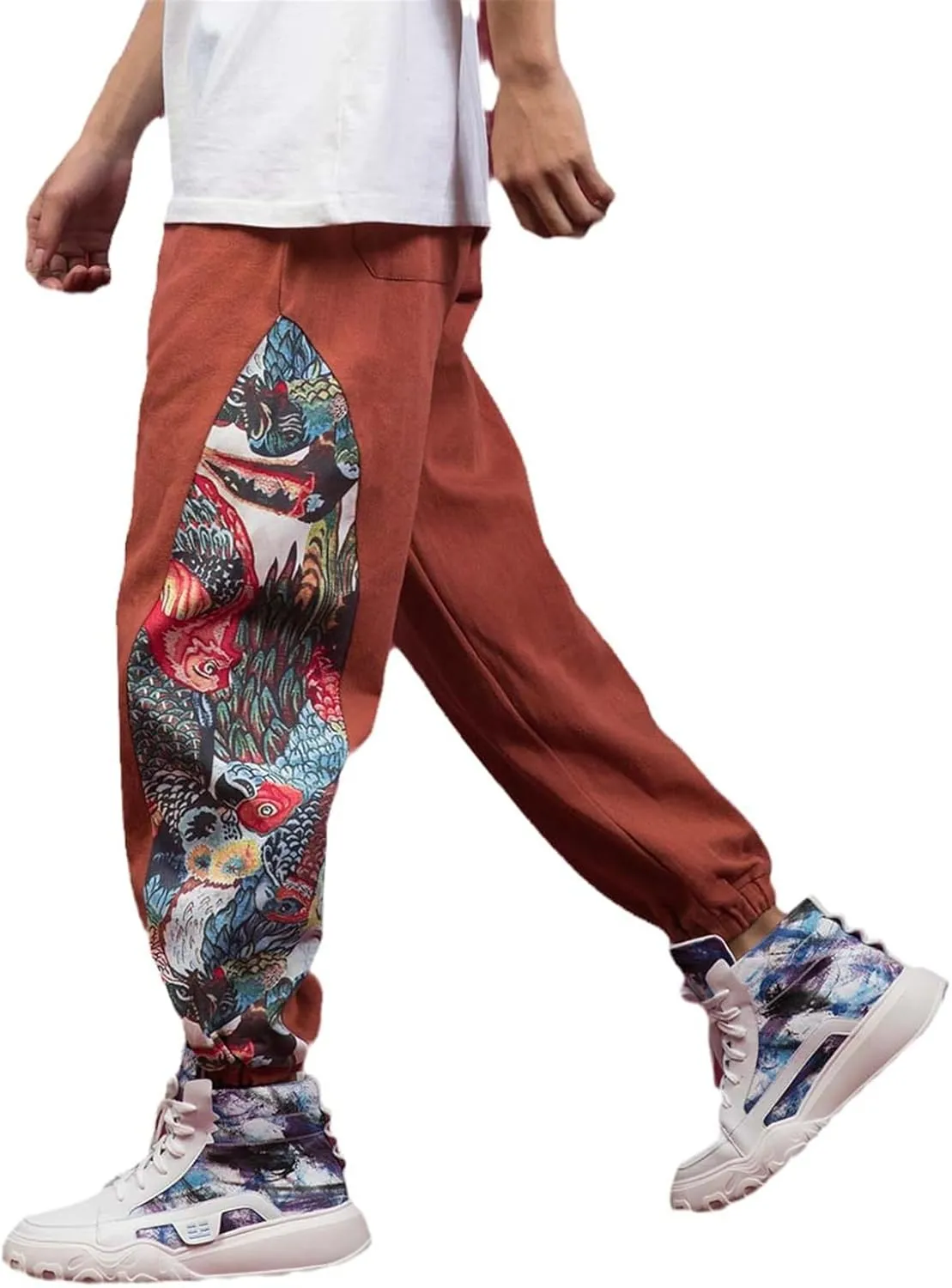 Ethnic Style Patchwork Casual Harem Pants,Chinese Style Oversized Print Joggers,Relaxed Trousers