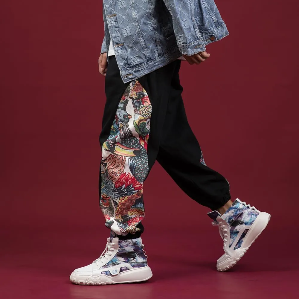 Ethnic Style Patchwork Casual Harem Pants,Chinese Style Oversized Print Joggers,Relaxed Trousers