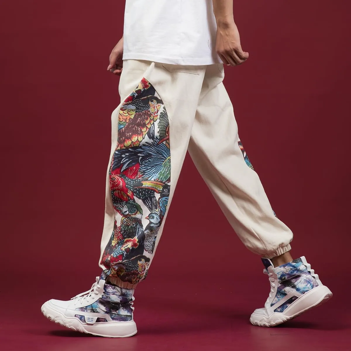 Ethnic Style Patchwork Casual Harem Pants,Chinese Style Oversized Print Joggers,Relaxed Trousers