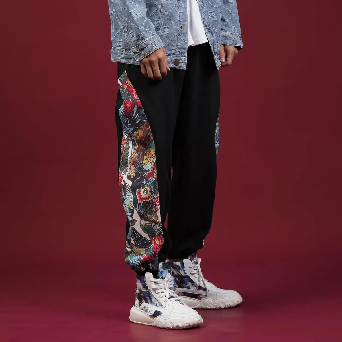 Ethnic Style Patchwork Casual Harem Pants,Chinese Style Oversized Print Joggers,Relaxed Trousers