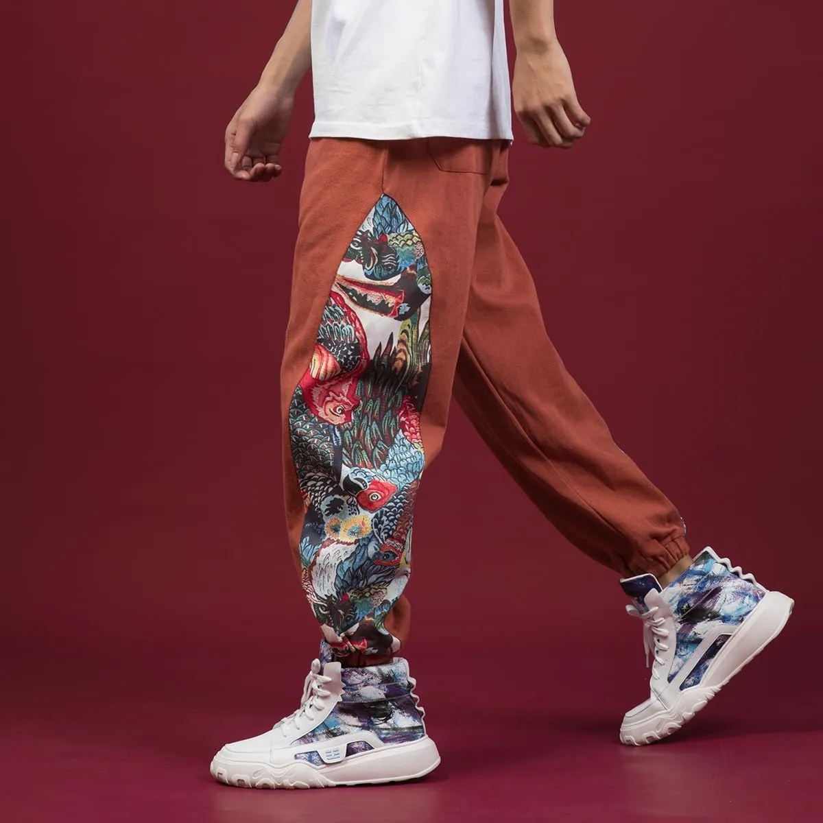 Ethnic Style Patchwork Casual Harem Pants,Chinese Style Oversized Print Joggers,Relaxed Trousers