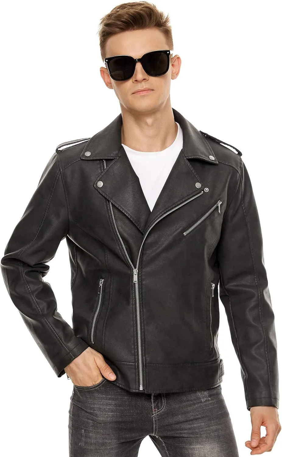 Fahsyee Leather Jackets for Men, Faux Bomber Jacket Mens Motorcycle Lapel Asymmetric Zip-Up Belt Slim Fit Biker Coat
