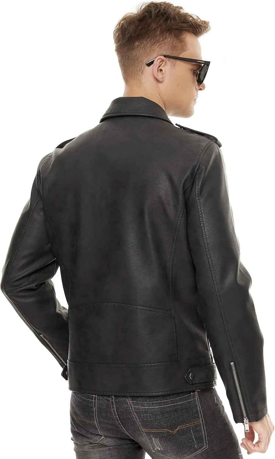 Fahsyee Leather Jackets for Men, Faux Bomber Jacket Mens Motorcycle Lapel Asymmetric Zip-Up Belt Slim Fit Biker Coat