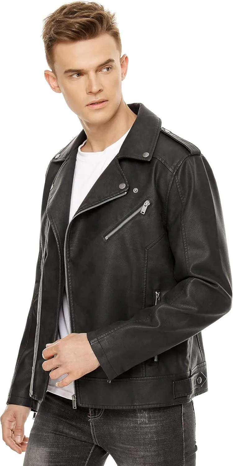 Fahsyee Leather Jackets for Men, Faux Bomber Jacket Mens Motorcycle Lapel Asymmetric Zip-Up Belt Slim Fit Biker Coat