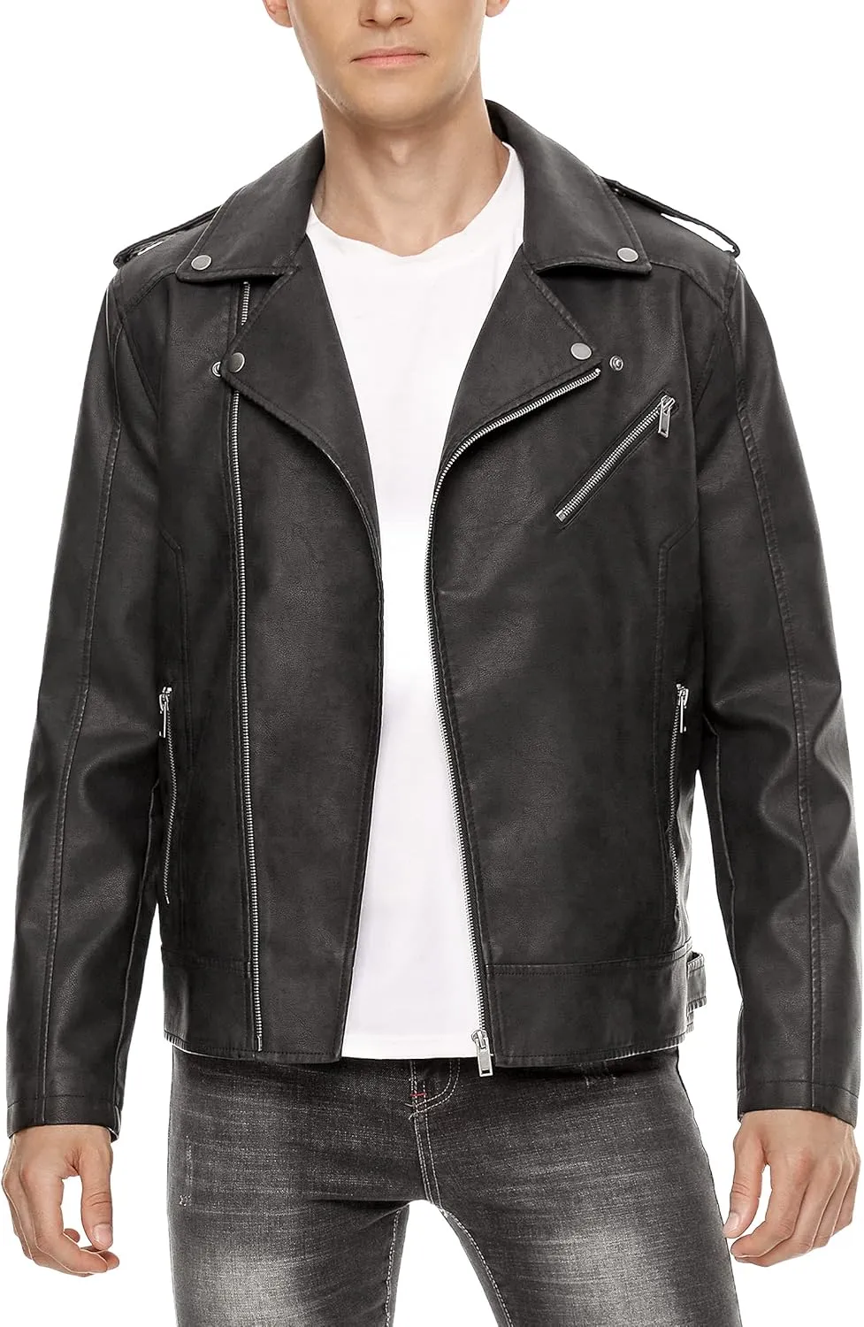 Fahsyee Leather Jackets for Men, Faux Bomber Jacket Mens Motorcycle Lapel Asymmetric Zip-Up Belt Slim Fit Biker Coat