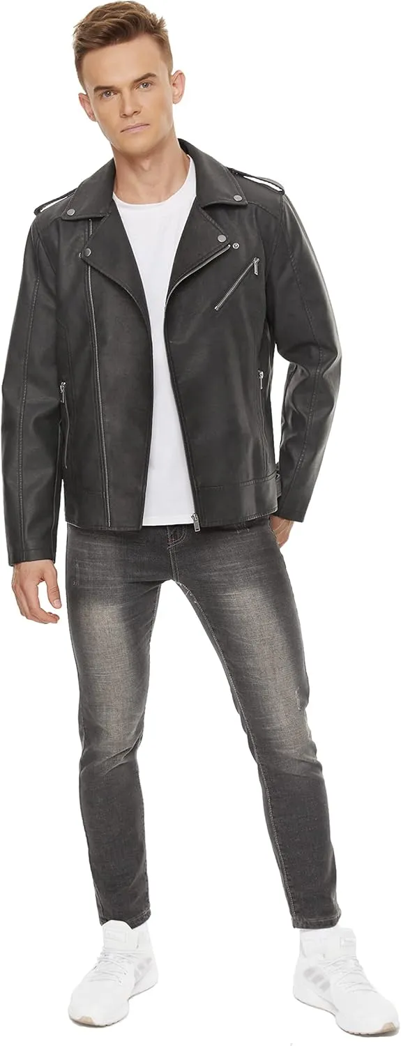 Fahsyee Leather Jackets for Men, Faux Bomber Jacket Mens Motorcycle Lapel Asymmetric Zip-Up Belt Slim Fit Biker Coat