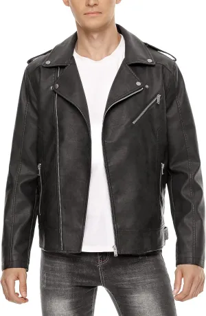 Fahsyee Leather Jackets for Men, Faux Bomber Jacket Mens Motorcycle Lapel Asymmetric Zip-Up Belt Slim Fit Biker Coat