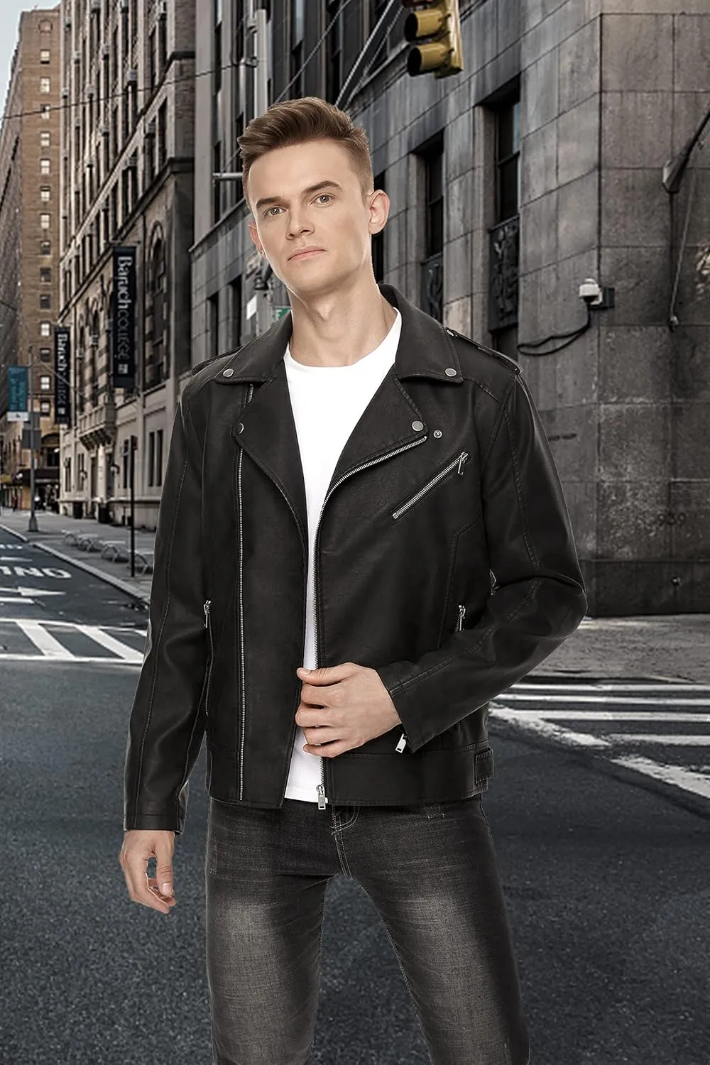 Fahsyee Leather Jackets for Men, Faux Bomber Jacket Mens Motorcycle Lapel Asymmetric Zip-Up Belt Slim Fit Biker Coat