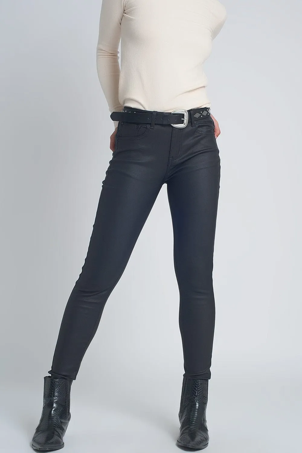 Faux Leather Skinny Trousers In Black Colour