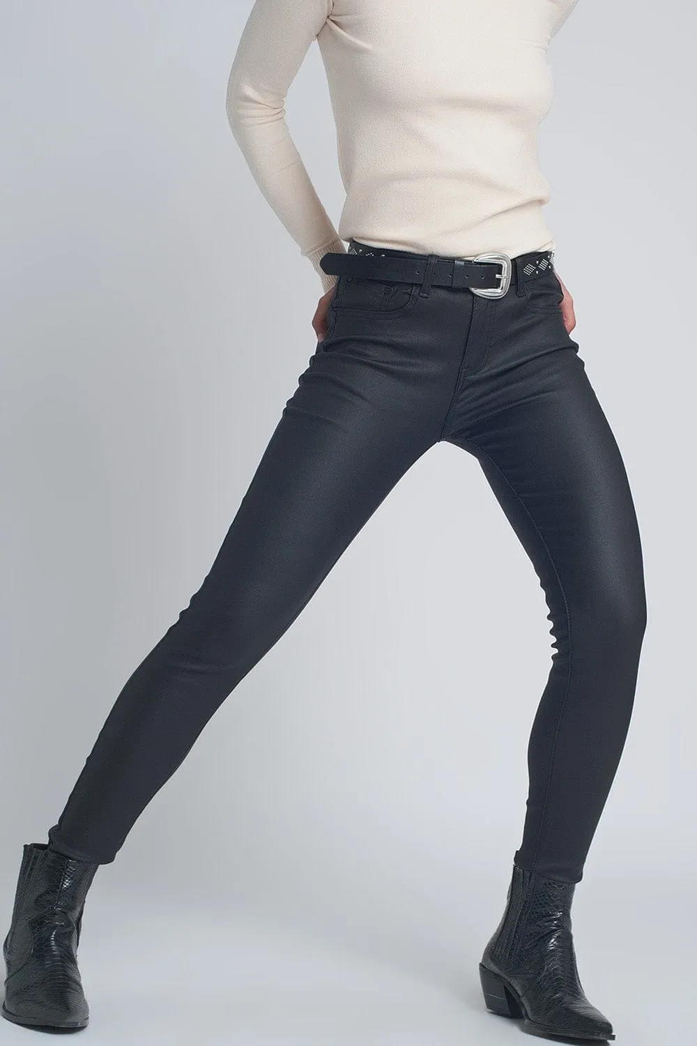 Faux Leather Skinny Trousers In Black Colour