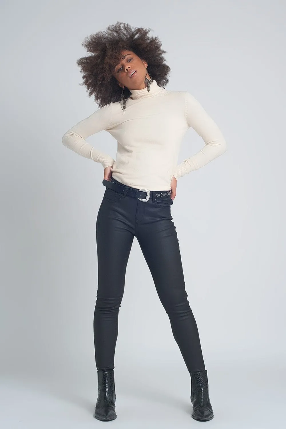 Faux Leather Skinny Trousers In Black Colour