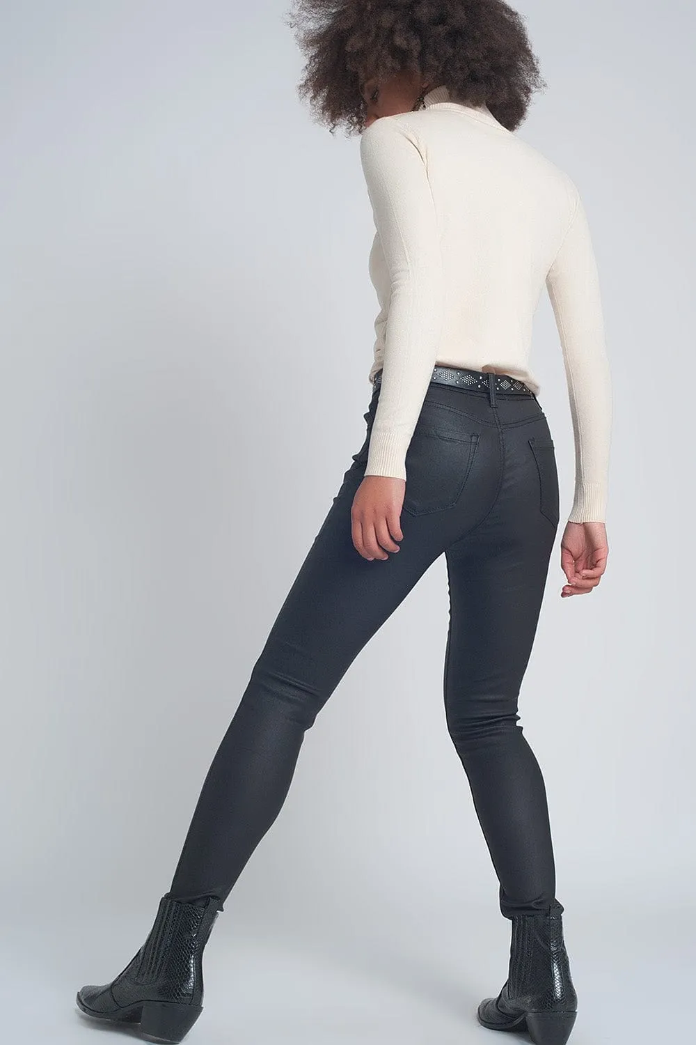 Faux Leather Skinny Trousers In Black Colour