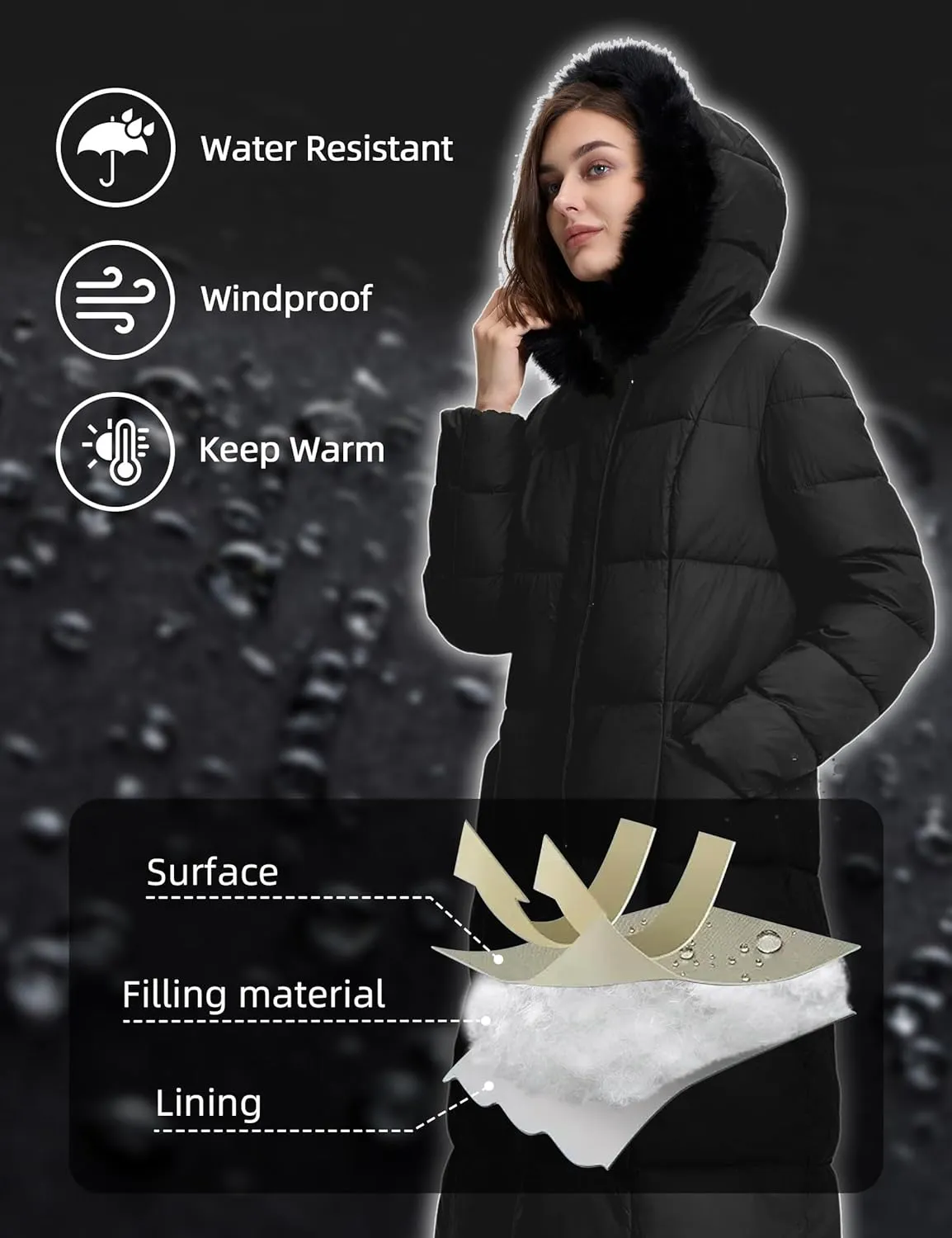 Fengbay Long Puffer Coat Women Down Jacket Parkas Waterproof Warm Long Winter Coats for Women With Hood