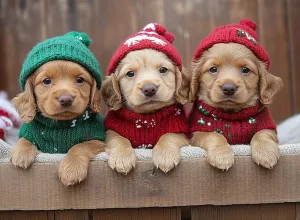 Festive Puppy Trio in Cozy Sweaters Puzzle