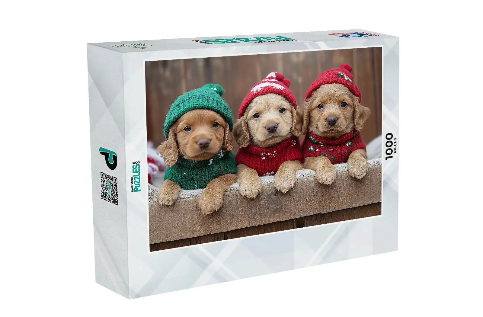 Festive Puppy Trio in Cozy Sweaters Puzzle