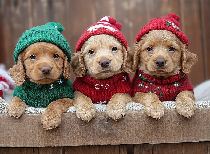 Festive Puppy Trio in Cozy Sweaters Puzzle
