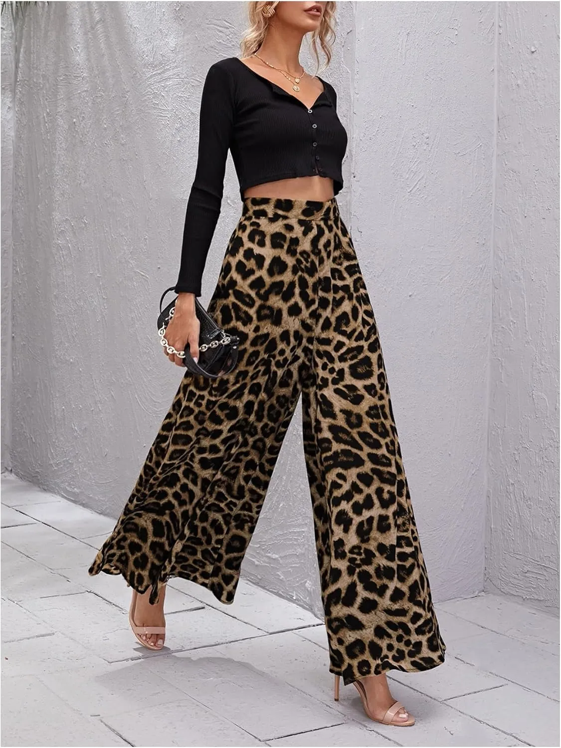 Floerns Women's Leopard Print High Waist Palazzo Pants Wide Leg Baggy Trousers