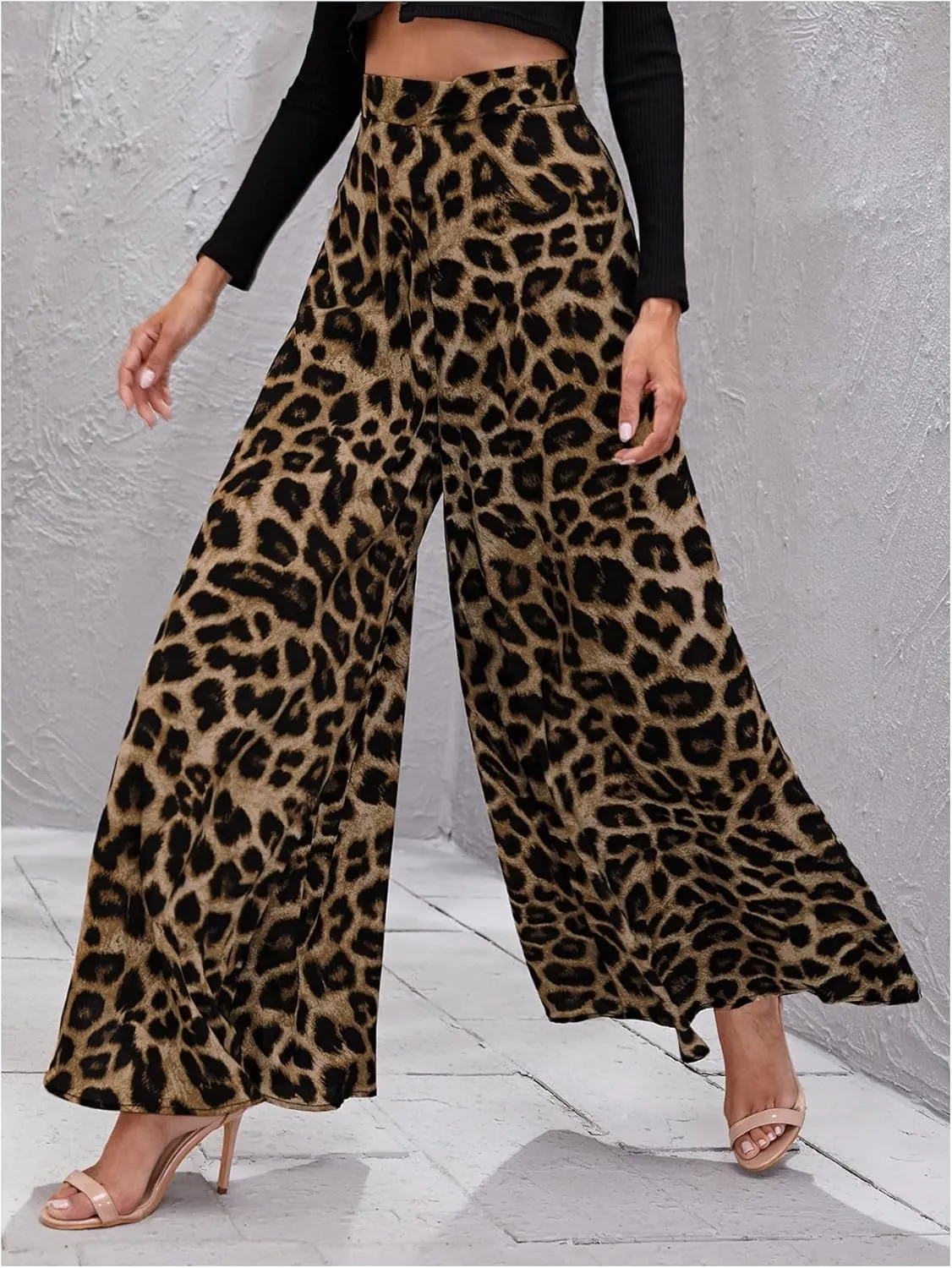 Floerns Women's Leopard Print High Waist Palazzo Pants Wide Leg Baggy Trousers