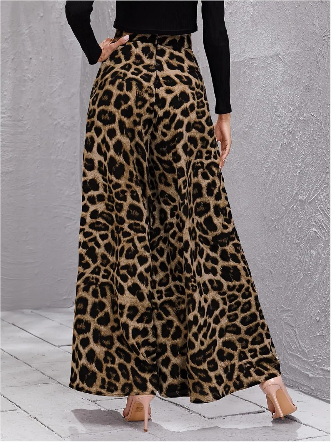 Floerns Women's Leopard Print High Waist Palazzo Pants Wide Leg Baggy Trousers