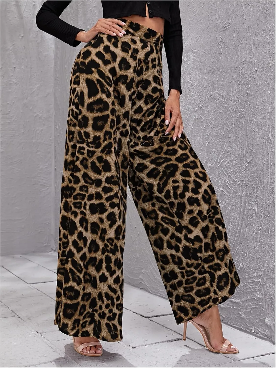 Floerns Women's Leopard Print High Waist Palazzo Pants Wide Leg Baggy Trousers