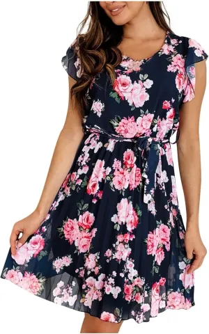 Floral Dress for Women 2025 Summer Short Sleeve Chiffon Boho Mini Dress Elegant Ruffle Vacation Beach Dress with Belt